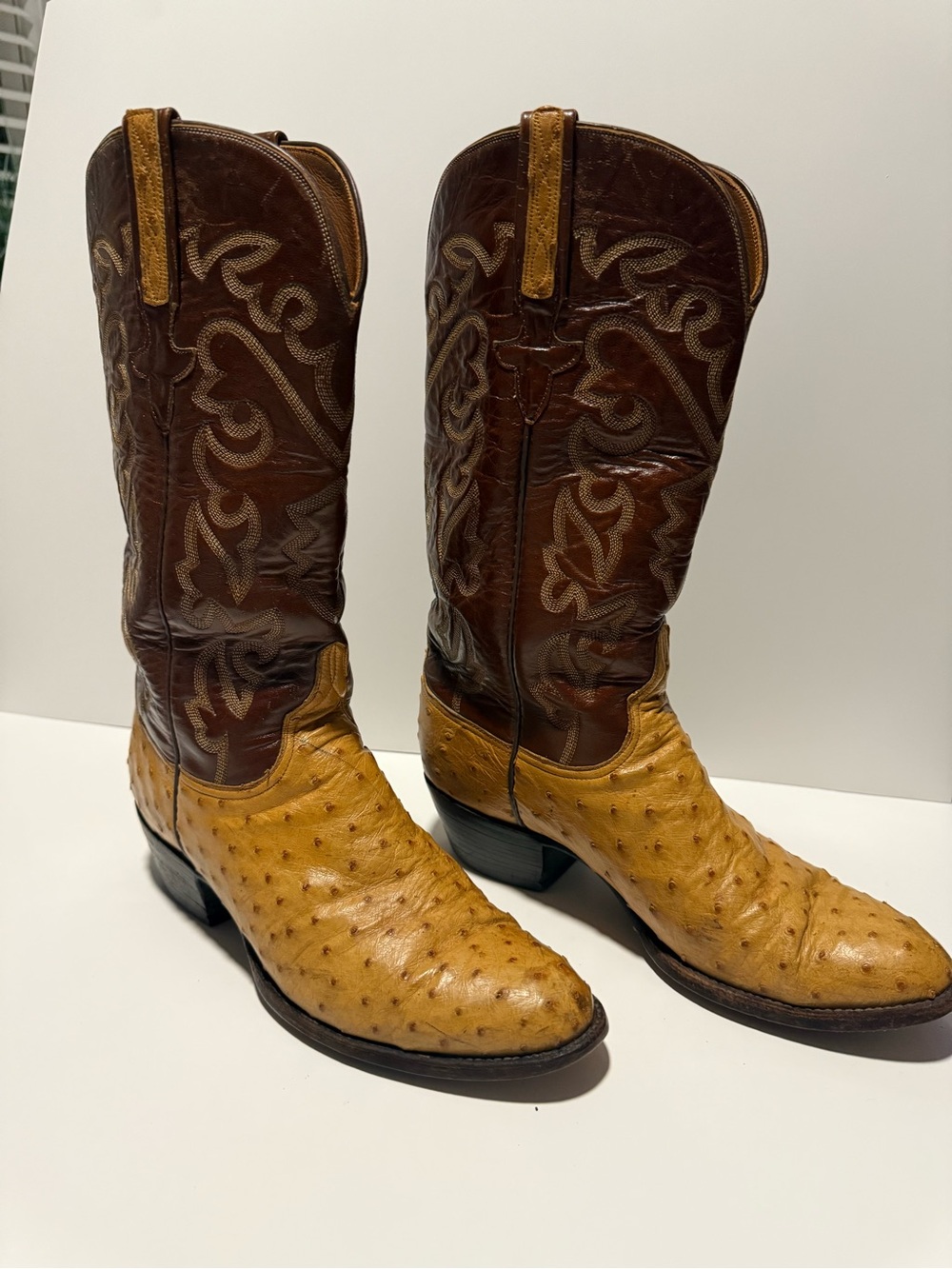Lucchese Two-Tone Ostrich & Leather Cowboy Boots in Tan and Brown